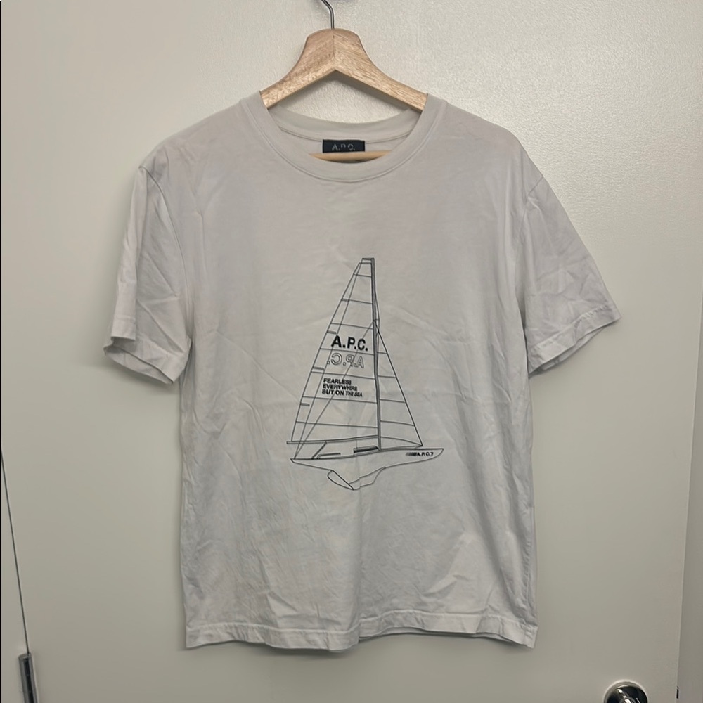 A.P.C. Gray Short Sleeve Tee with Sailboat Design